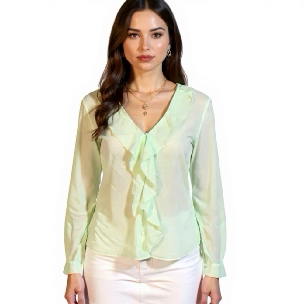 ANN TAYLOR Sheer Vintage Mint Blouse Women’s Sz M P Long Sleeve Top Buttoned Up